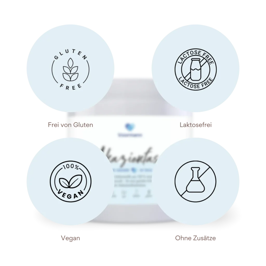 Symbole für Produktreinheit: 100% Vegan, ohne Gluten, ohne Laktose und frei von jeglichen Zusätzen.