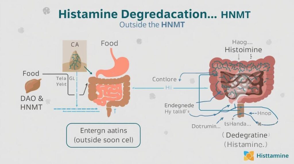 Flussdiagramm zum Histaminabbau: DAO baut Histamin aus Nahrung im Darm ab, HNMT körpereigenes Histamin in Zellen.