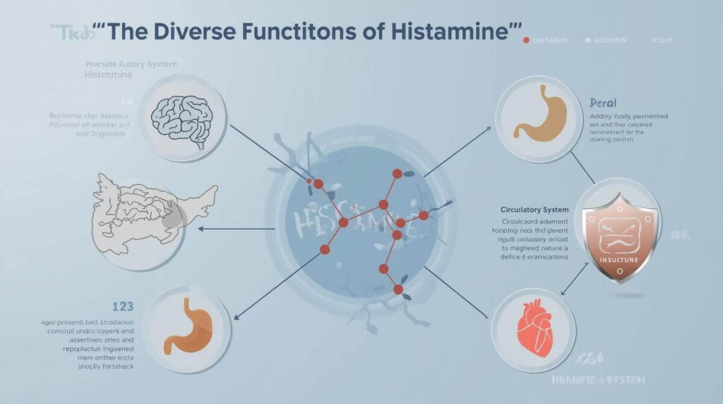 Schematische Grafik: Die vielfältigen Aufgaben von Histamin im menschlichen Körper – Nervensystem, Verdauung, Kreislauf, Immunsystem.