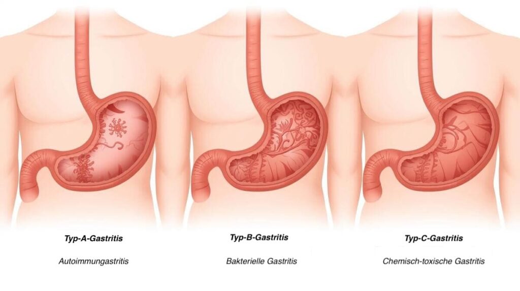 Eine grafische Darstellung von drei Typen von Gastritis: Typ A zeigt eine chronische Gastritis mit Rötung und Entzündung der Magenschleimhaut, Typ B zeigt Veränderungen durch Helicobacter pylori mit leichter Rötung und Geschwürbildung, und Typ C zeigt chemisch bedingte Veränderungen der Magenschleimhaut, die glatt und ohne Falten erscheint.