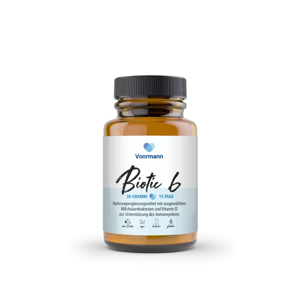 30-Gramm-Dose Voormann Biotic 6, ein Probiotikum für eine 15-Tage-Kur. Weiß-blaues Etikett auf Braunglas.