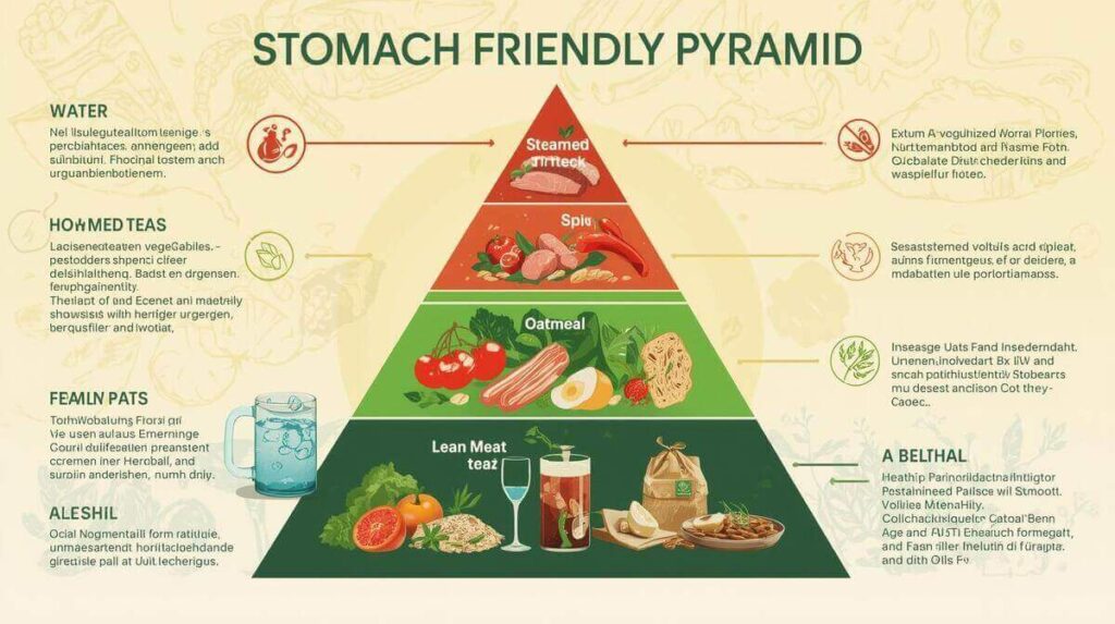 Grafik einer Ernährungspyramide für magenschonende Ernährung bei Gastritis. Die Pyramide zeigt verschiedene Lebensmittelgruppen: Unten Wasser und Kräutertees, in der Mitte gedünstetes Gemüse, mageres Fleisch und Haferflocken, oben gesunde Fette und ganz oben die Lebensmittel, die vermieden werden sollten: scharfe, fettige Speisen und Alkohol.