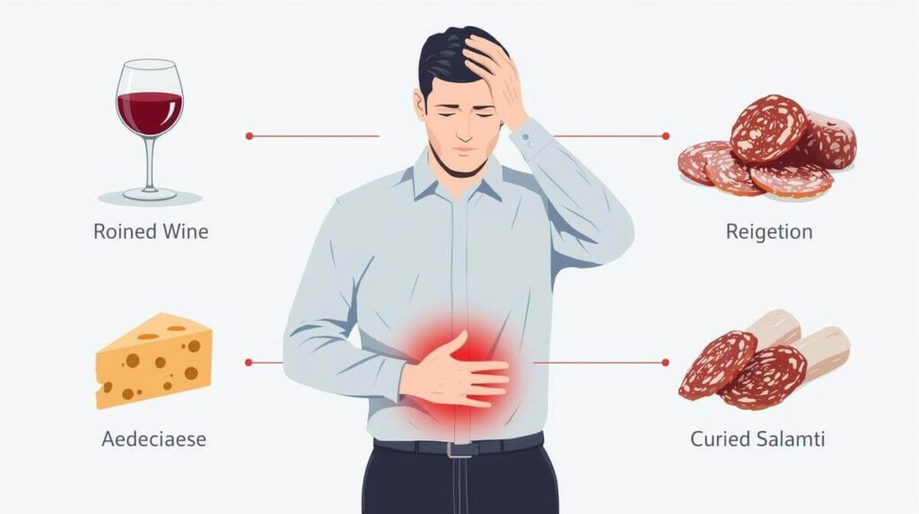 Infografik: Symptome der Histaminintoleranz nach dem Essen wie Kopfschmerzen, ausgelöst durch Rotwein, Käse oder Salami.