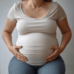 Frau leidet unter Völlegefühl und einem Blähbauch nach dem Essen, sichtbar durch die gespannte Kleidung.