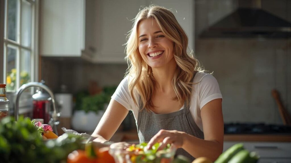 Eine glückliche Frau mittleren Alters bereitet in einer sonnigen Küche einen gesunden, bunten Salat zu, als Symbol für einen positiven Lebensstil.