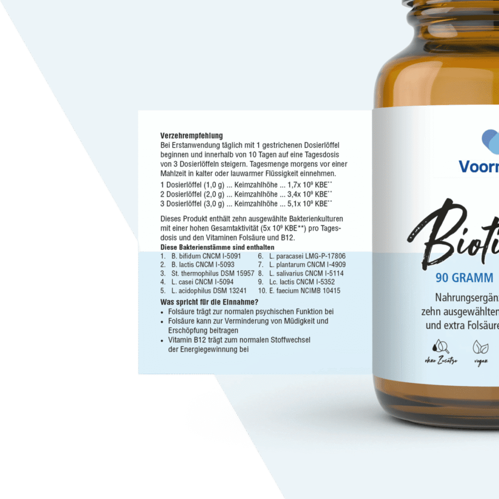 Etikett mit zehn Bakterienstämmen und Hinweis auf Vitamin B12 zur Energiegewinnung.