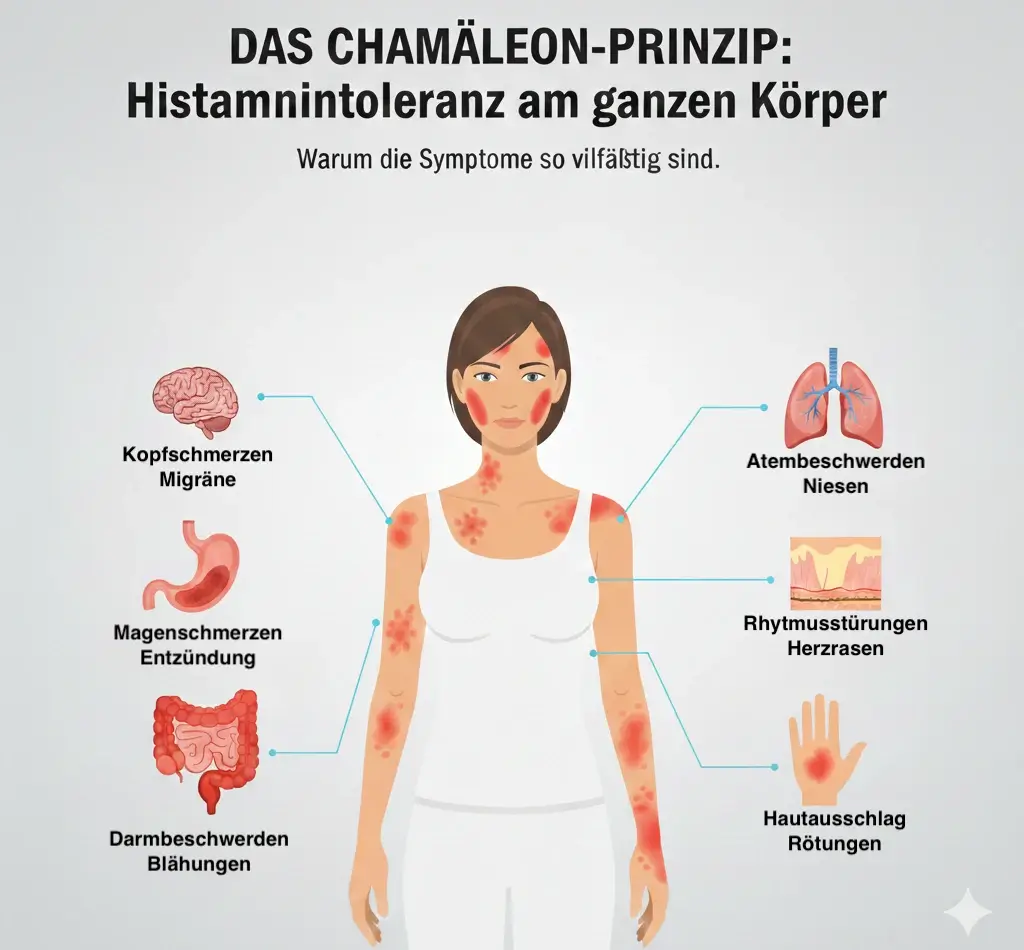 Grafik der vielfältigen Symptome der Histaminintoleranz (HIT) an einer Silhouette: Migräne, Juckreiz, Blähungen.