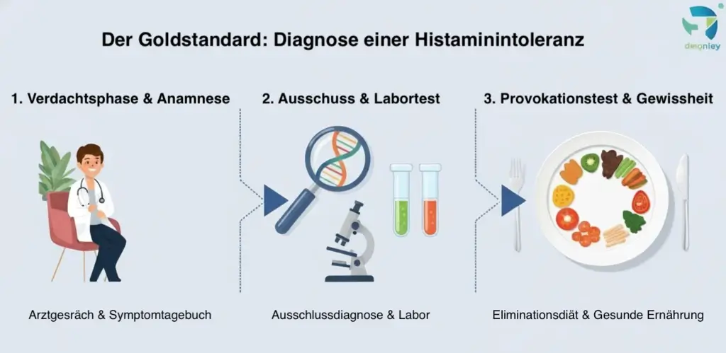 Infografik zur Diagnose von Histaminintoleranz in 3 Schritten: Arztgespräch, Symptomtagebuch, Eliminationsdiät.