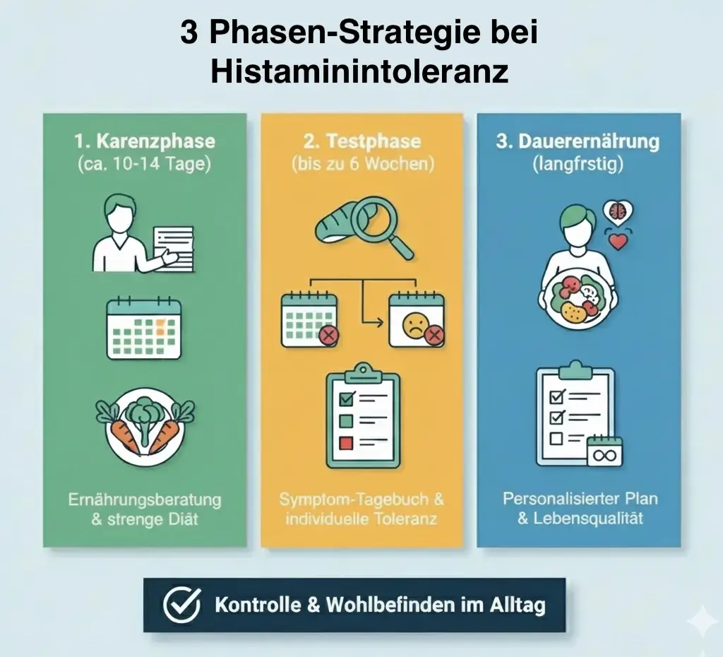 3-Phasen-Strategie der Ernährungsumstellung bei Histaminintoleranz: Karenz, Test und Dauerernährung erklärt.
