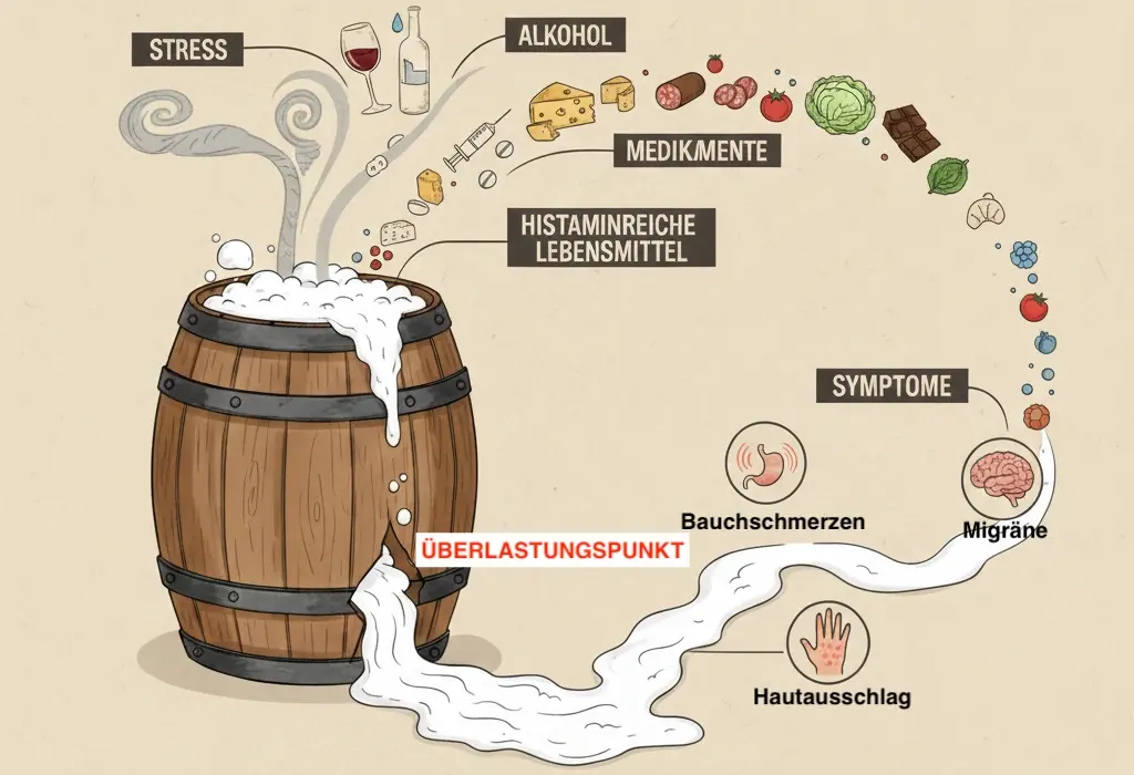 Fass-Modell der Histaminintoleranz: Veranschaulichung, wie Stress & Ernährung zur Überlastung führen und Symptome auslösen.