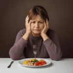 Frau vor vollem Teller: Symptom der frühen Sättigung und Appetitlosigkeit bei Reizmagensyndrom (Postprandiales Distress-Syndrom).