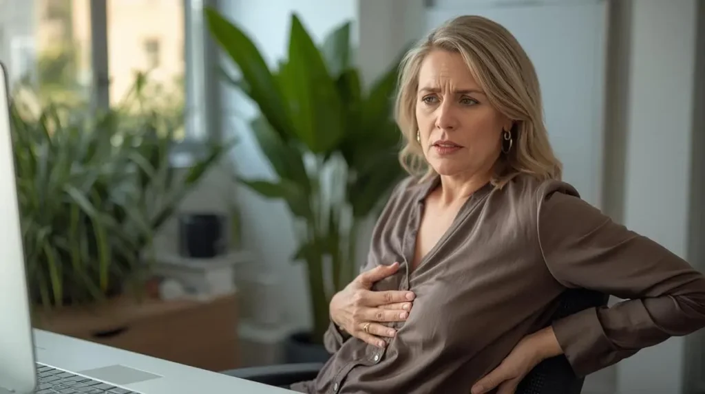 Frau mit funktioneller Dyspepsie (Reizmagen): Hält sich an den Oberbauch aufgrund von Schmerzen oder Unbehagen.