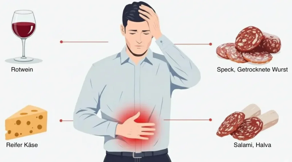 Typische Symptome & Auslöser bei Histaminintoleranz: Migräne, Flush oder Bauchkrämpfe nach dem Genuss von Rotwein oder Käse.