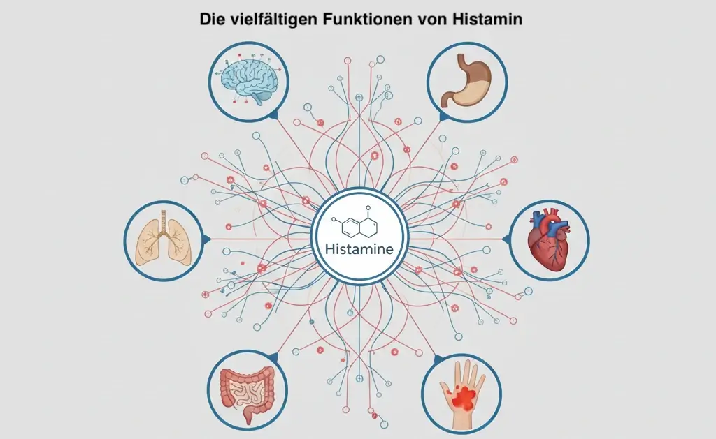 Schematische Grafik: Die vielfältigen Aufgaben von Histamin im menschlichen Körper – Nervensystem, Verdauung, Kreislauf und Immunsystem.