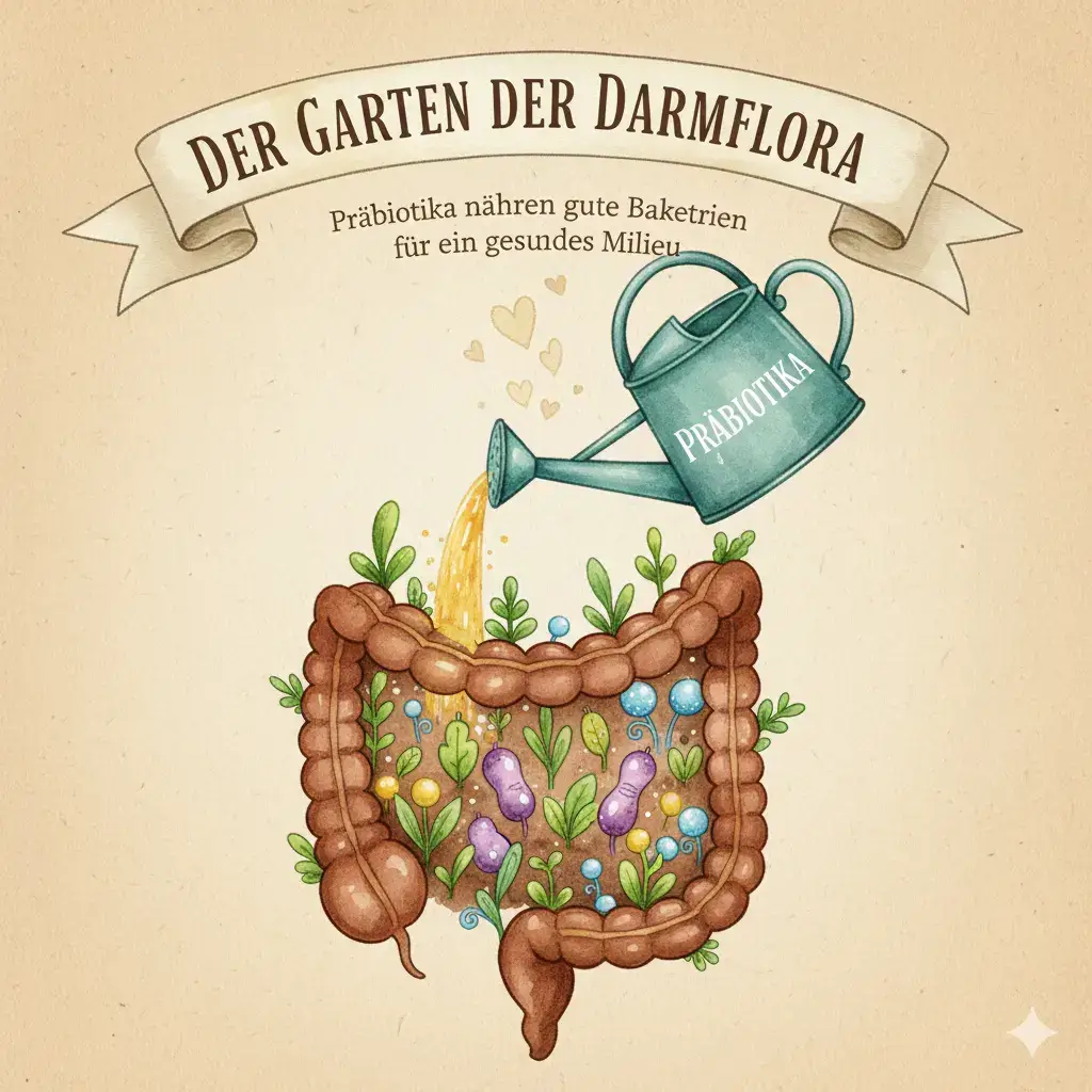 Infografik: Unterschied zwischen Probiotika (Bakterien), Präbiotika (Nahrung) und Postbiotika (Stoffwechselprodukte).