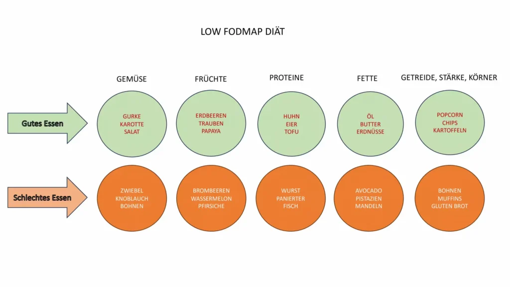 Low-FODMAP-Diät: Gegenüberstellung von verträglichen und reizenden Lebensmitteln bei Reizdarmsyndrom (RDS).
