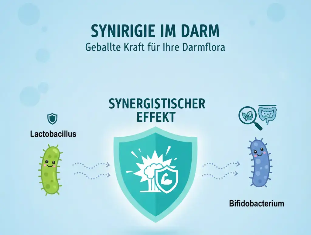 Schemat der synergistischen Effekte von Multi-Stamm-Formulierungen, die die Wirkung der Einzelstämme verstärken.