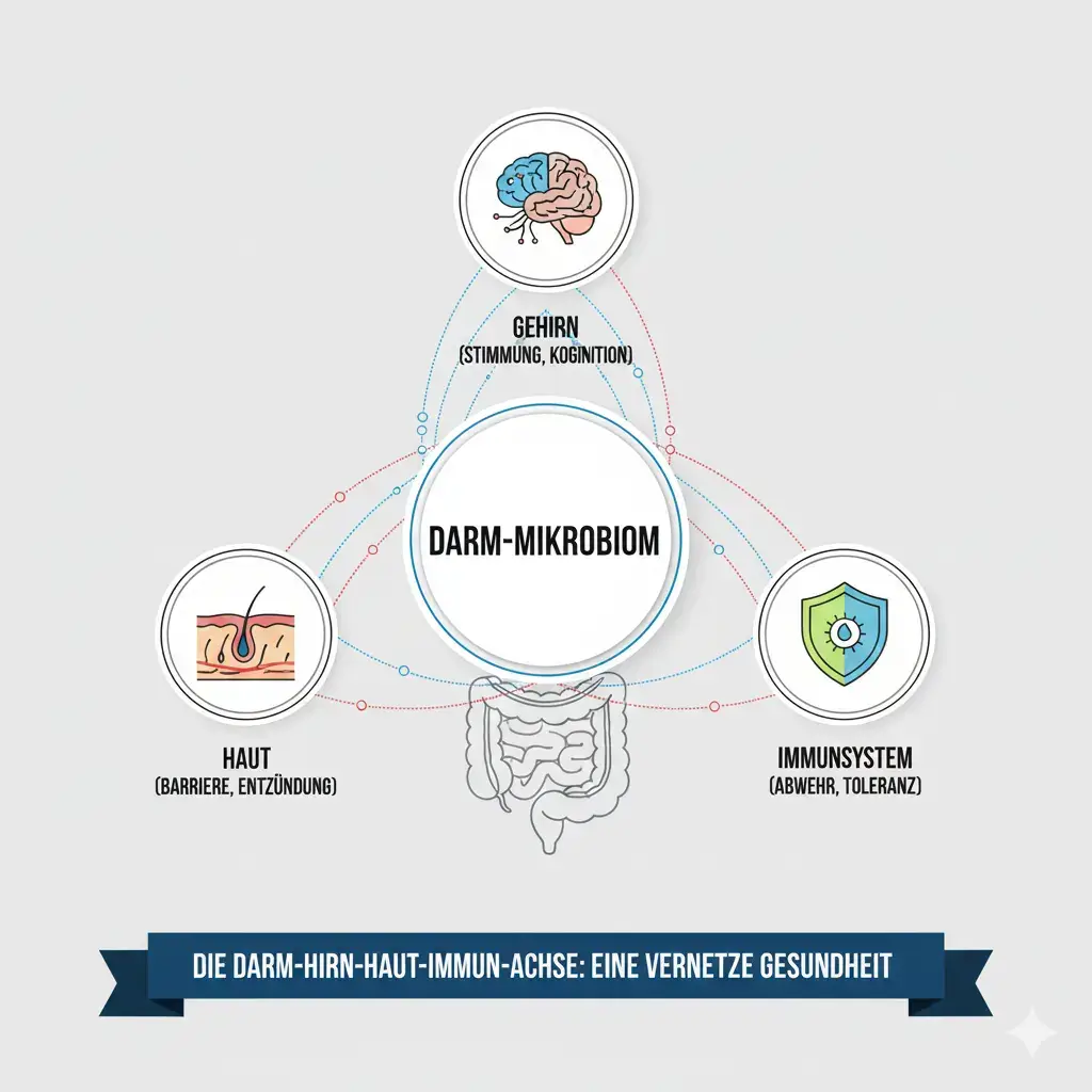 Schemat: Die Schlüsselrolle der Probiotika – Auswirkungen auf Immunsystem, Darm-Hirn-Achse (Stimmung) und Hautbild