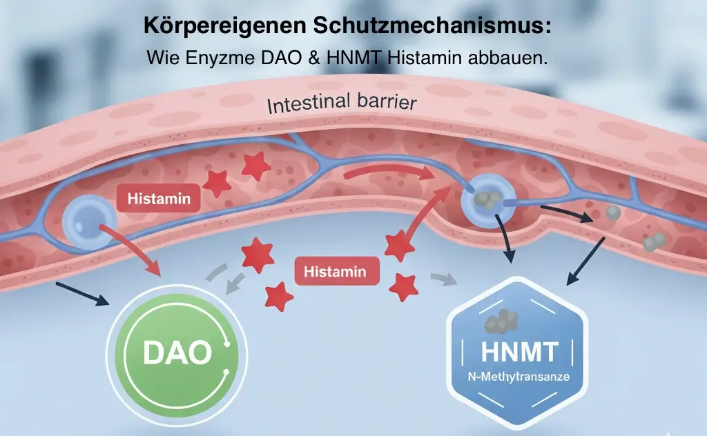 Flussdiagramm zum Histaminabbau: Rolle der Enzyme DAO (Nahrung) und HNMT (körpereigenes Histamin) erklärt.