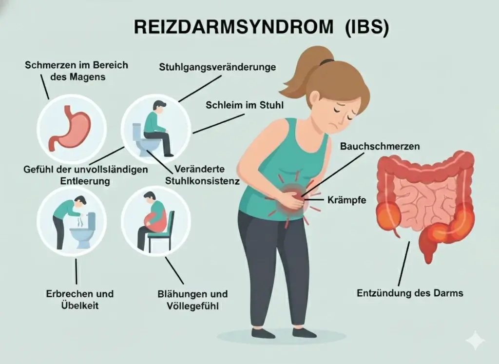 Typische Reizdarm-Symptome: Schmerzen, Krämpfe und Blähungen im Magen-Darm-Bereich.