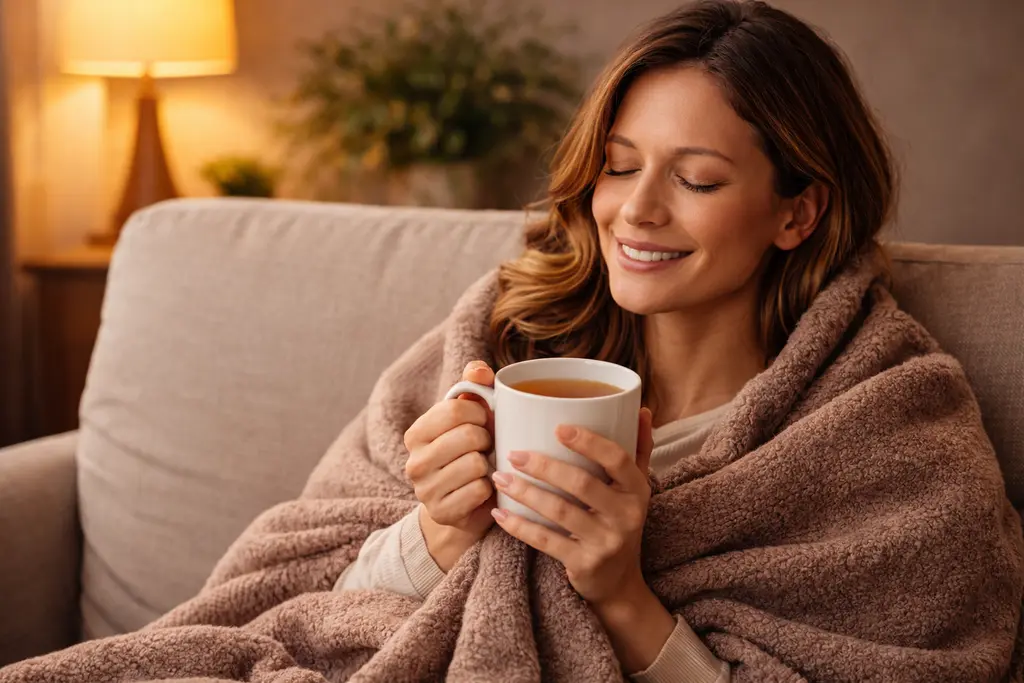 Glückliche Person ohne Gefühl wie ein Stein im Magen genießt ihren Tee