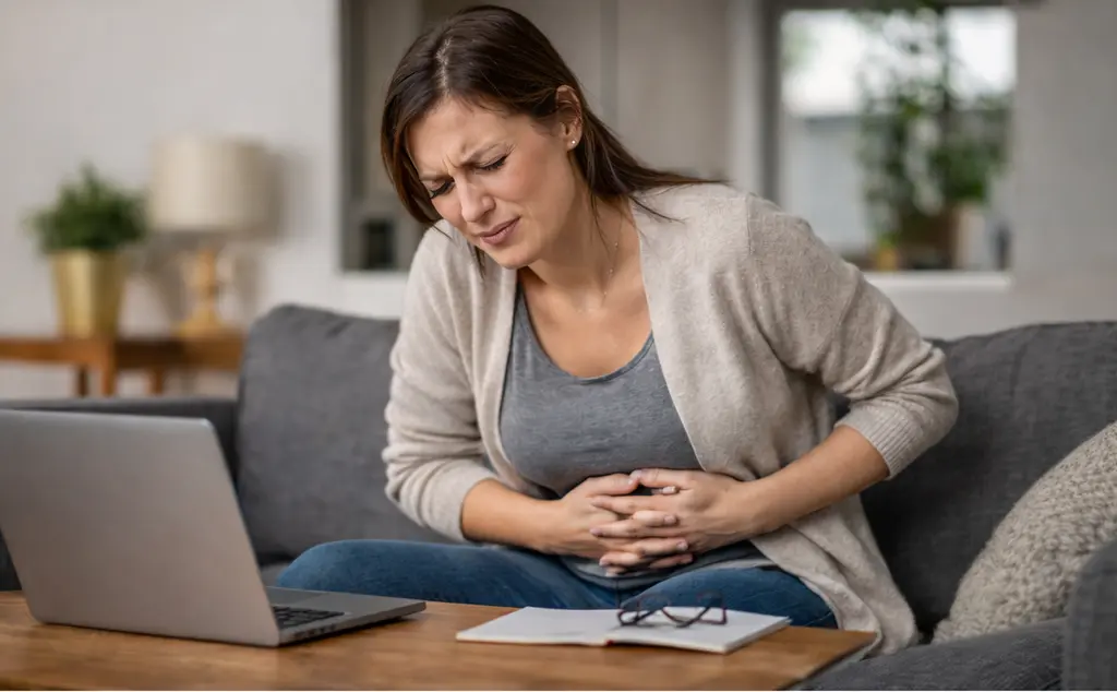 Person mit Bauchschmerzen im stressigen Alltag
