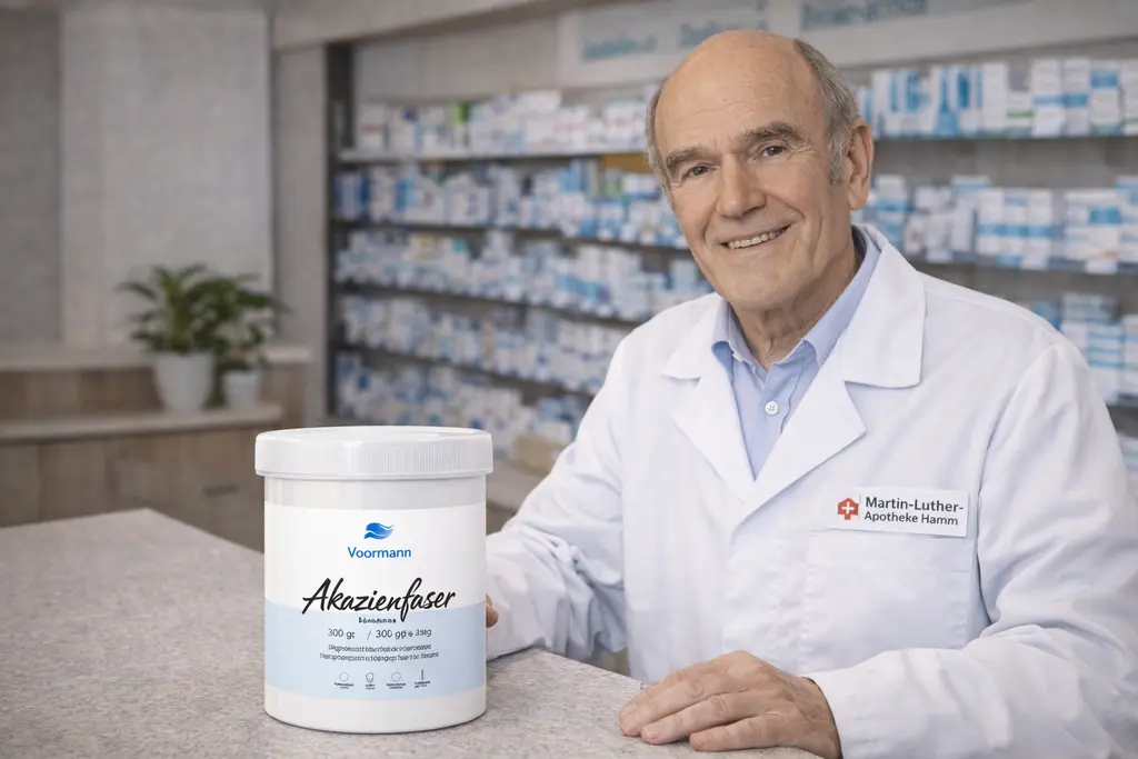 Apotheker Klaus Voormann präsentiert Akazienfaser als gut verträglichen Ballaststoff zur Unterstützung der Verdauung.