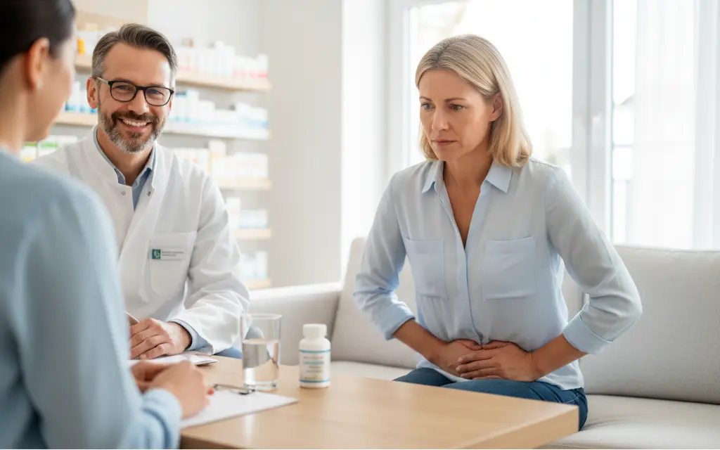 Person mit Bauchschmerzen und Blähungen sucht Rat in der Apotheke