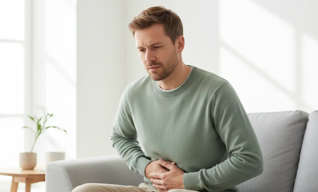 Person mit funktioneller Dyspepsie (Reizmagen) und leichtem Druckgefühl im Oberbauch.