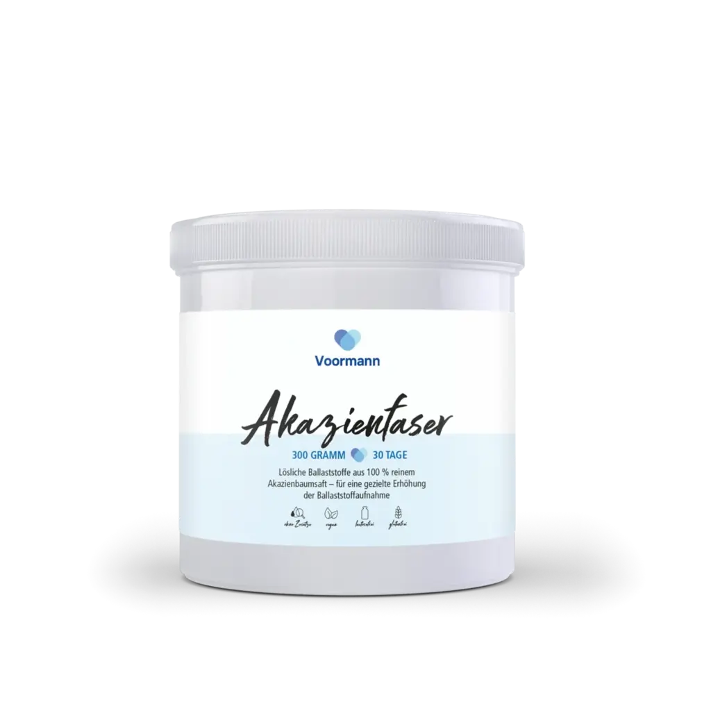 Weiße Dose mit Voormann Bio Akazienfaser Pulver (300g). Lösliche Ballaststoffe, vegan, gluten- & laktosefrei.