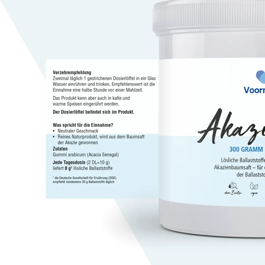 Verzehrempfehlung für Voormann Bio Akazienfaser. Anleitung zur Dosierung und Einnahme des Ballaststoff-Pulvers.