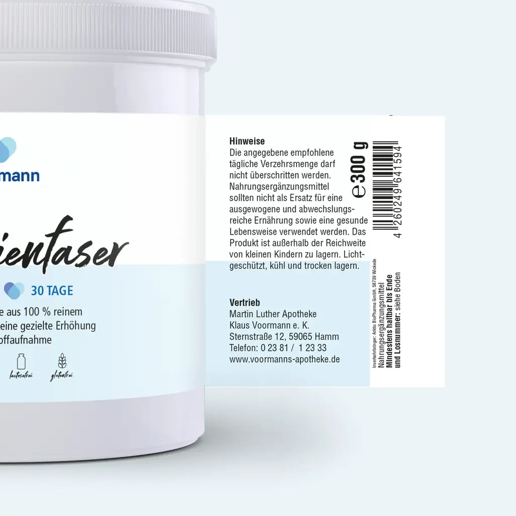 Voormann Akazienfaser – Hinweise zur empfohlenen täglichen Verzehrmenge, Adresse und Haltbarkeitsinformationen.