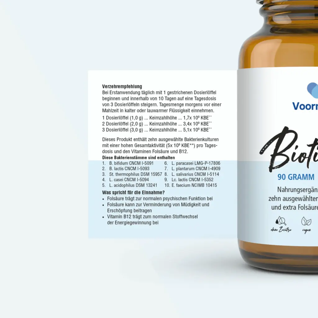 Etikett von Voormann Biotic 10 mit Angaben zu enthaltenen Bakterienstämmen und Vitamin B12.