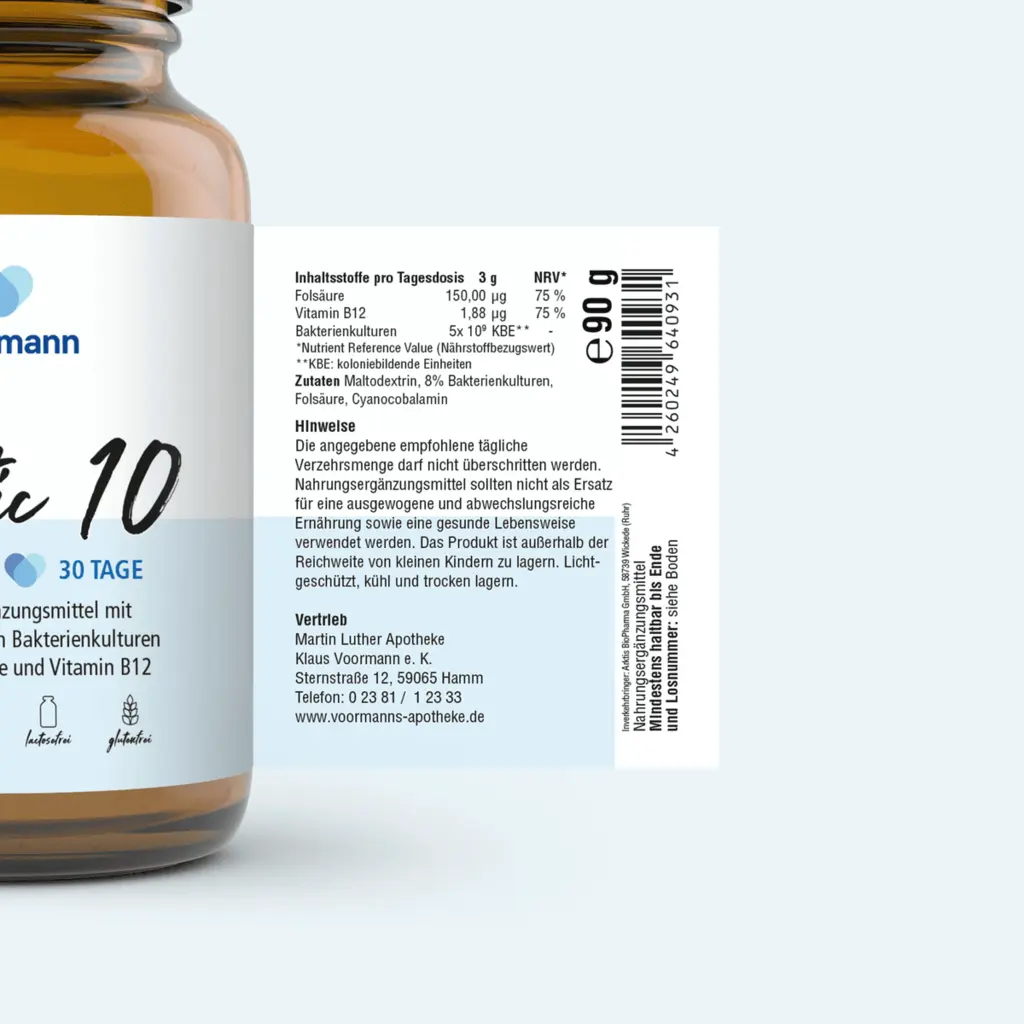 Weiß-blaues Etikett mit Verzehrhinweisen und Adresse der Martin Luther Apotheke.