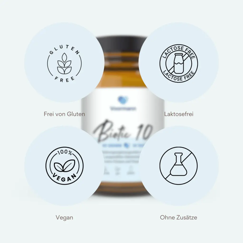 Runde Symbole: Gluten Free, Lactose Free, Vegan 100%, Ohne Zusätze in Blau-Braun