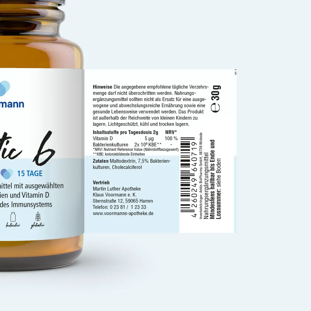 Hinweise und Aufbewahrungshinweise auf dem Etikett von Voormann Biotic 6.