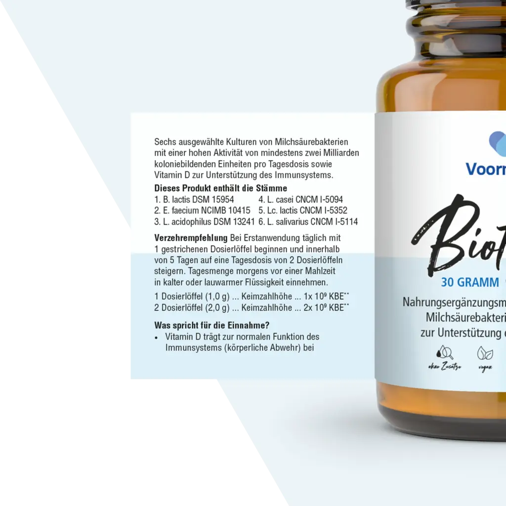 Dose Voormann Biotic 6 mit Angaben zu Verzehrempfehlung und enthaltenen Bakterienstämmen.