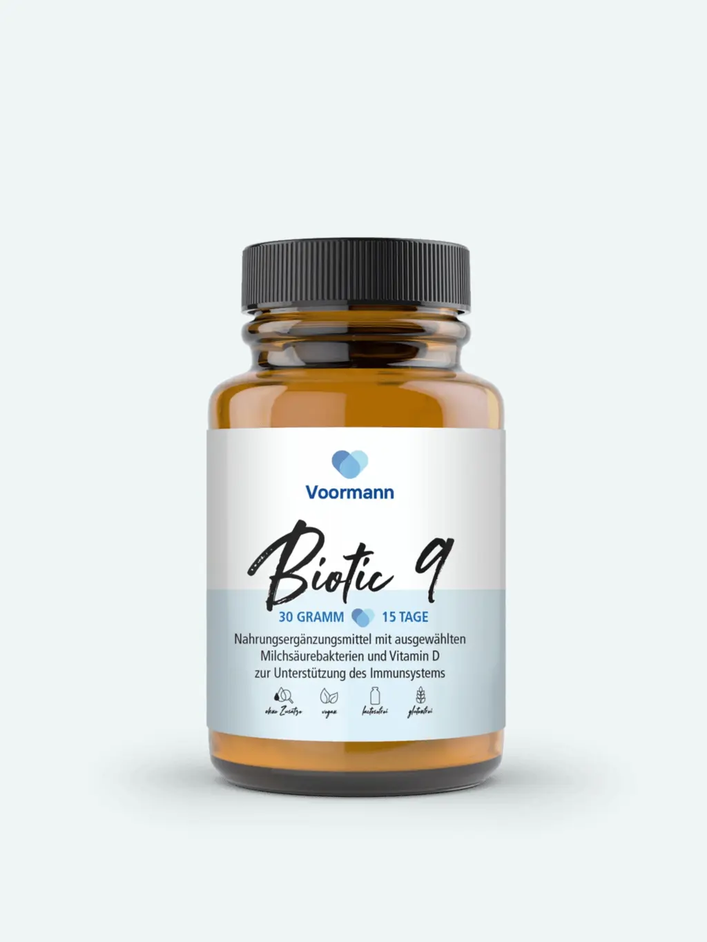 Glas mit schwarzem Deckel und weiß-blauem Etikett, Produktname Voormann Biotic 9.