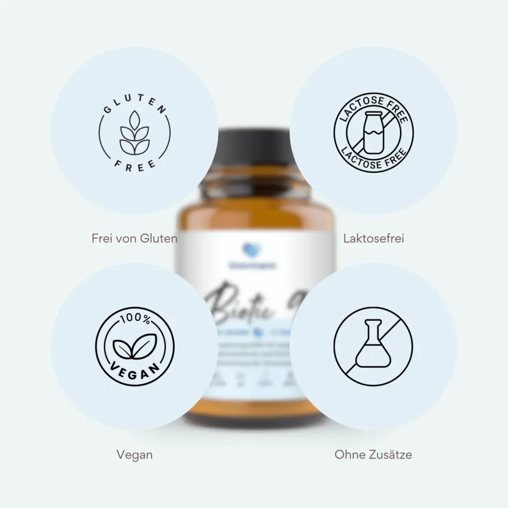 Runde Symbole: Gluten Free, Lactose Free, Vegan 100%, Ohne Zusätze in Blau-Braun.