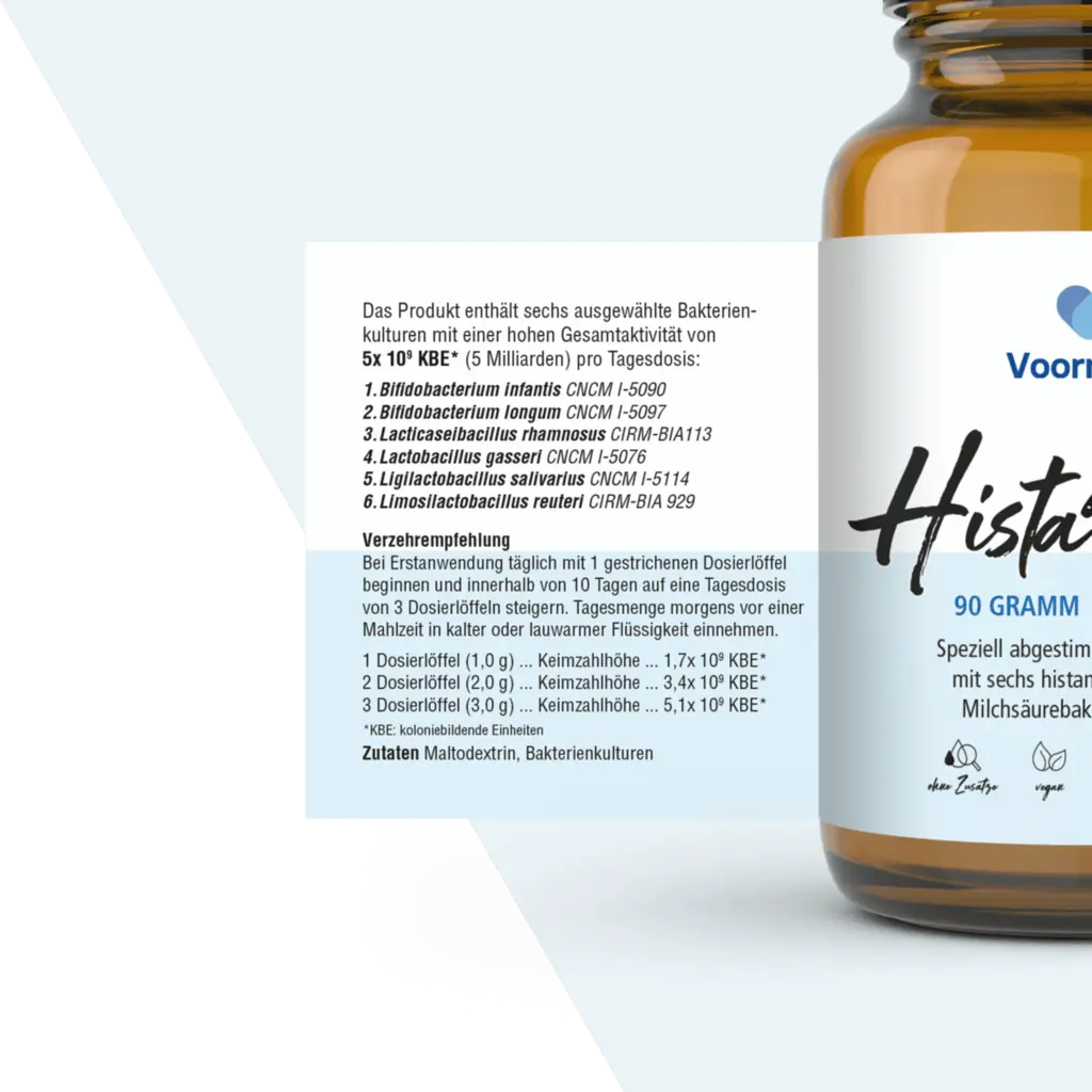 Etikett von Voormann HistaBiotic mit Angaben zu Bakterienkulturen und Verzehrempfehlung.