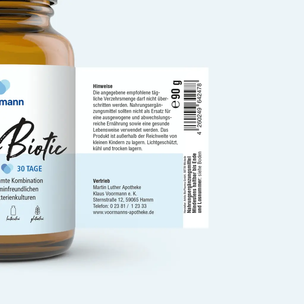 Etikett von Voormann HistaBiotic mit Verzehrhinweisen und Vertriebsangaben.