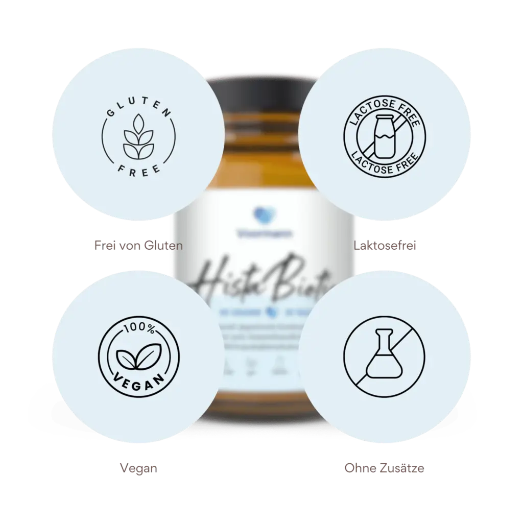 Qualitätssymbole von Voormann HistaBiotic: glutenfrei, laktosefrei, vegan und ohne Zusätze.