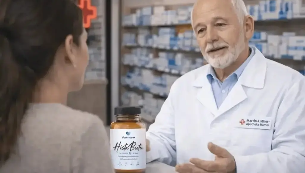 Apotheker mit dem Histaminblocker Voormann HistaBiotic, der ausgewählte Bakterienstämme enthält und bei Histaminintoleranz hilft.