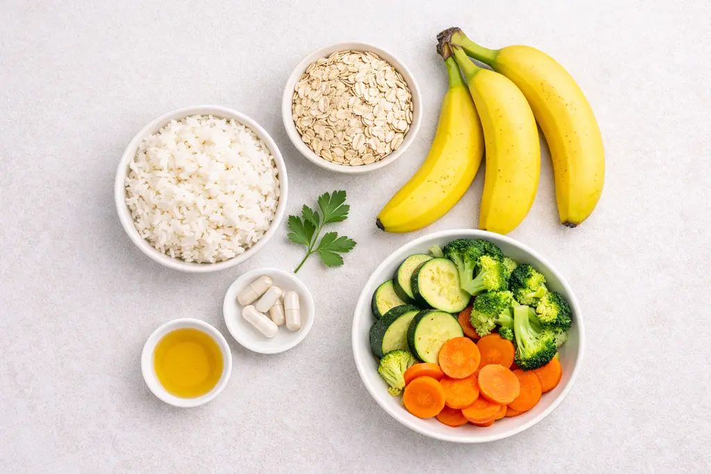 Gut verträgliche Lebensmittel bei Reizdarm – Reis, Haferflocken, Bananen und gekochtes Gemüse