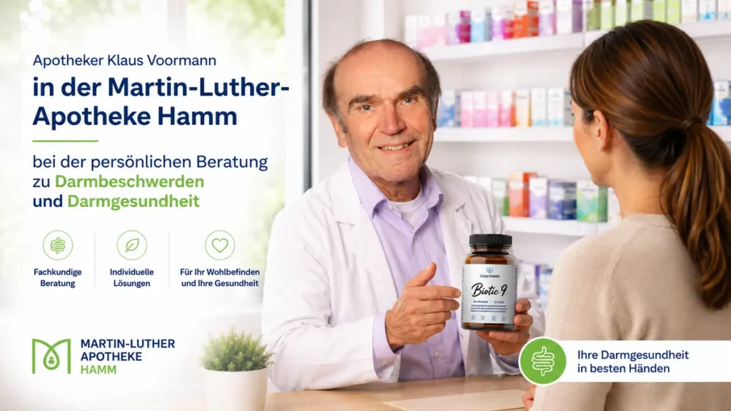 Apotheker Klaus Voormann in der Martin-Luther-Apotheke Hamm bei der persönlichen Beratung zu Darmbeschwerden und Darmgesundheit